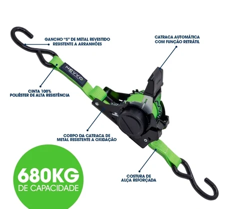 Detalhes da cinta: gancho S, fita de poliéster e catraca em metal
